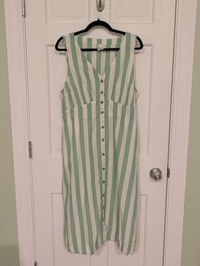 Pact Organic Cotton Linen Summer Button Front Dress With Pockets Green Stripe XL